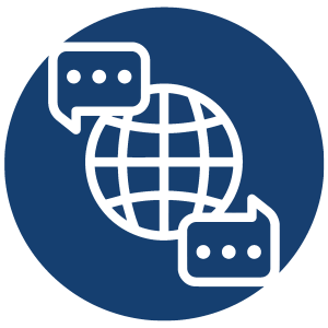 An icon features a gridded globe with chat-style text boxes adjoining it.
