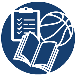 An icon features a checklist on a clipboard clustered alongside a basketball and open book.