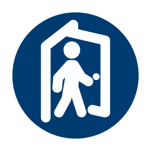A round, blue graphic displays the white outline of a figure walking through a doorway.