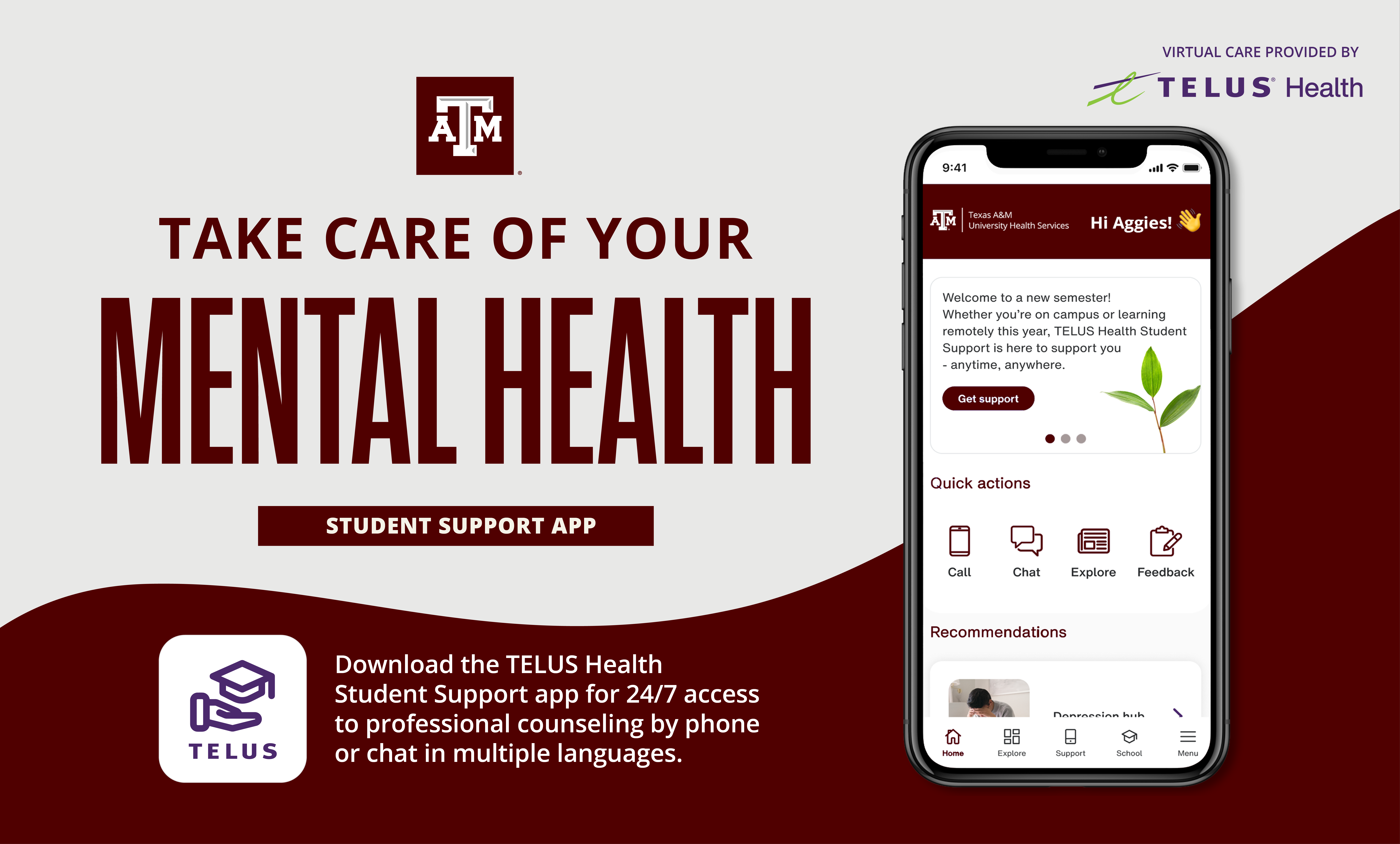 Take care of your mental health with the TELUS Health Student Support app. Download for 24/7 24/7 access to professional counseling in multiple languages.
